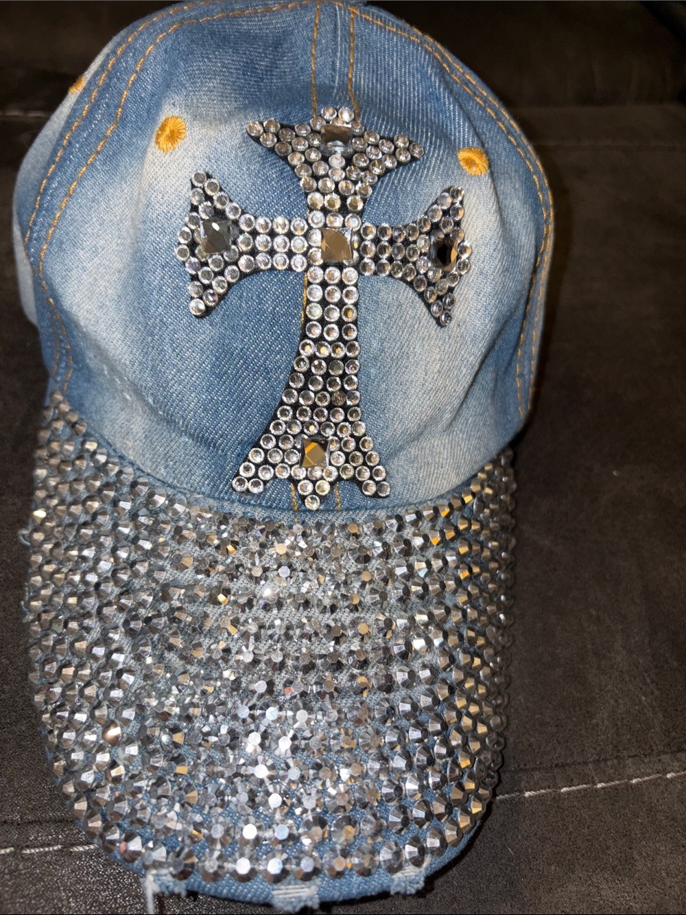 indigo soul Denim Baseball Cap with Rhinestone Cross - Blue